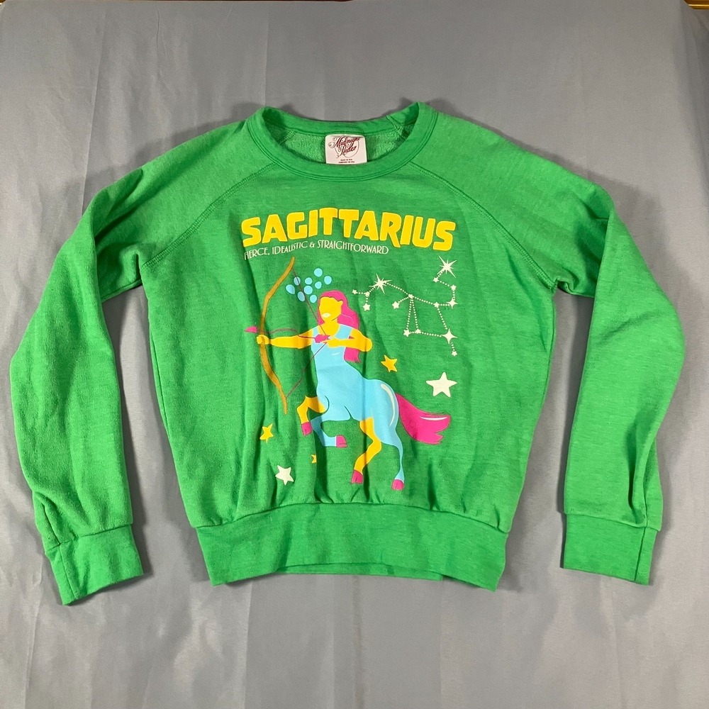 Midnight Rider Sagittarius Sweatshirt Women's XXS Green Graphic Astrological Top